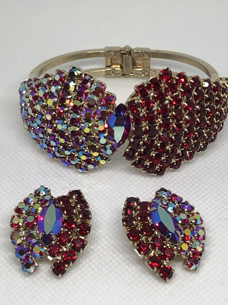 Red AB Rhinestone Crystal Demi Parure Clamp Bracelet Clip On Earring Set