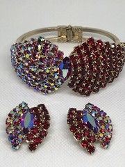 Red AB Rhinestone Crystal Demi Parure Clamp Bracelet Clip On Earring Set