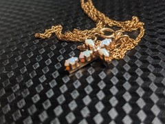 14K Marathon Brand Gold Opal Cross Necklace Gemstone Vtg 18″ 14kGF Chain Diamond