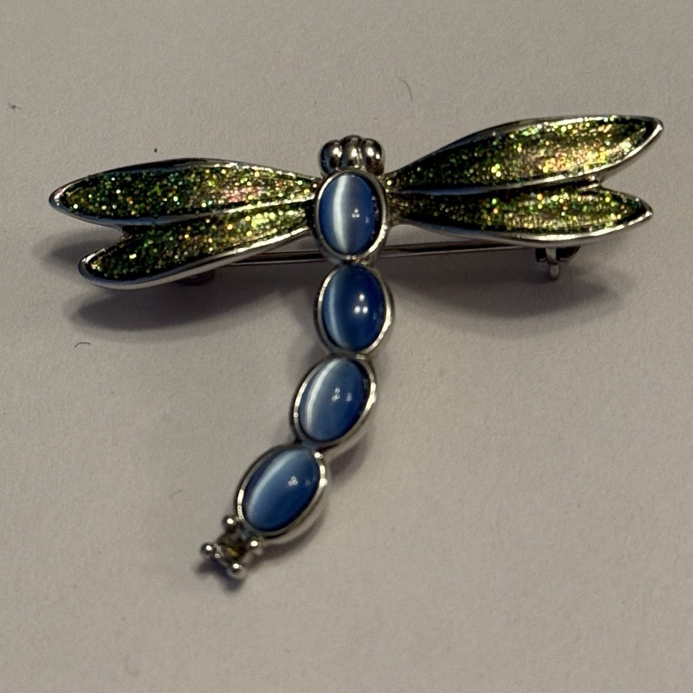 Dragonfly Silvertone Studded Blue Cat Eye Brooch Pin See Notes And Pics