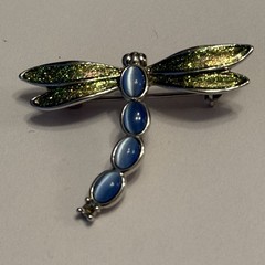 Dragonfly Silvertone Studded Blue Cat Eye Brooch Pin See Notes And Pics