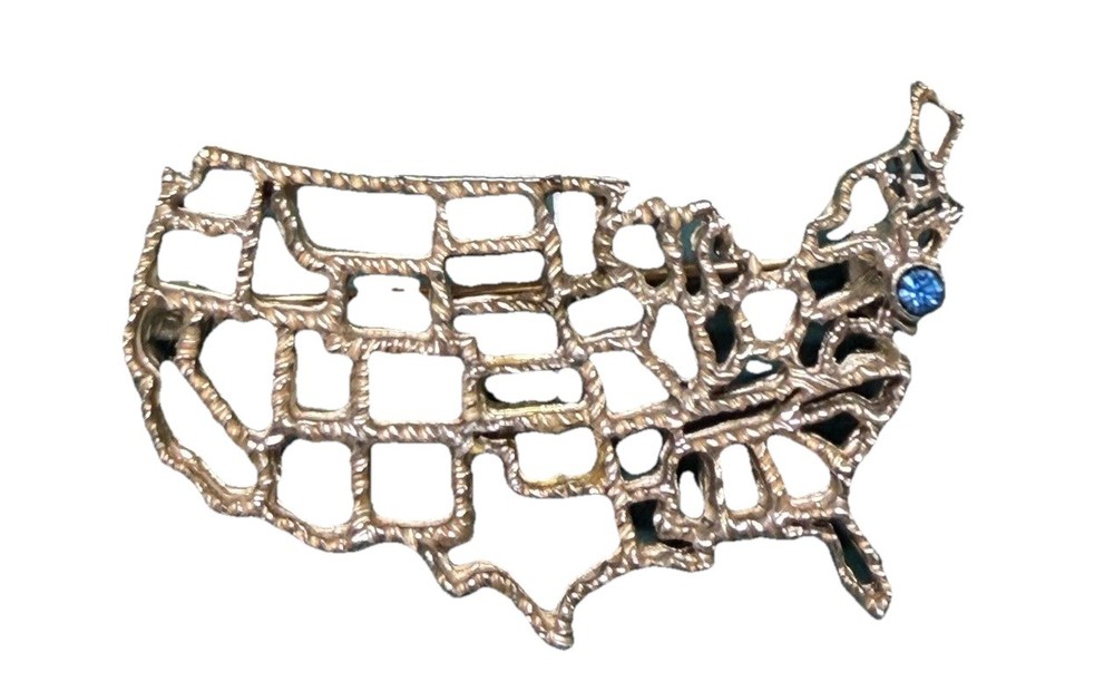 Vintage Goldish Tone USA Map Brooch Blue Rhinestone Patriotic United States Pin