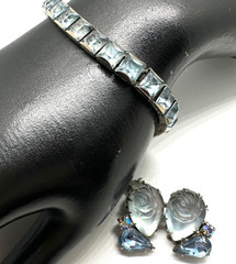 Vtg Light Blue Sapphire Pressed Glass Rose Earrings & Square Stone Bracelet 7″