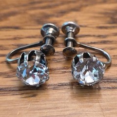 Vintage Silver Tone Clear Crystal Screw Back Earrings Round Solitaire 1950s Gift