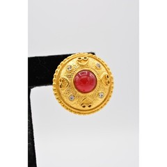 Vintage Cabochon Earrings Red Brushed Gold Matte Chunky Crystal NOS 1980s BinA11