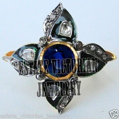 1.51Ctw Rose Antique Cut Diamond Sapphire Enamel Silver Victorian Ring Jewelry