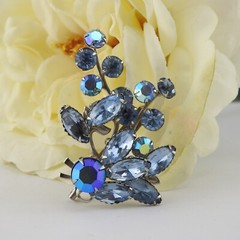 Vintage Brooch Pin Multi-color Blue Rhinestones Leaf Spray 2.5″