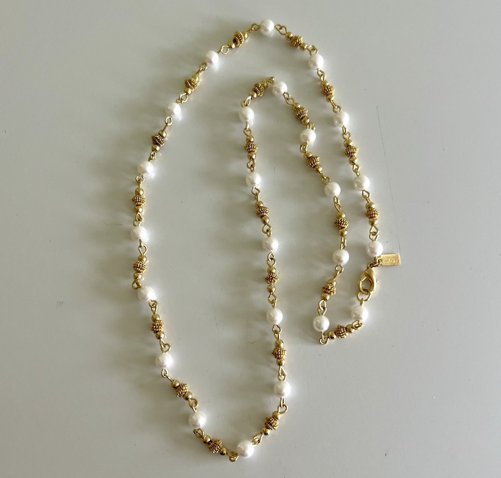 Revlon Faux Pearl Necklace With Alternating Gold Tone Beads, 24”