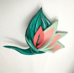 Polymer Clay Flower Brooch Pink Green Handcrafted Tropical Pin Signed 3.5″