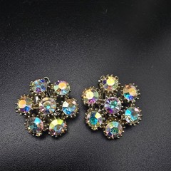 Pakula Aurora Borealis Rhinestone Clip On Earrings Flower Shape Vintage Jewelry