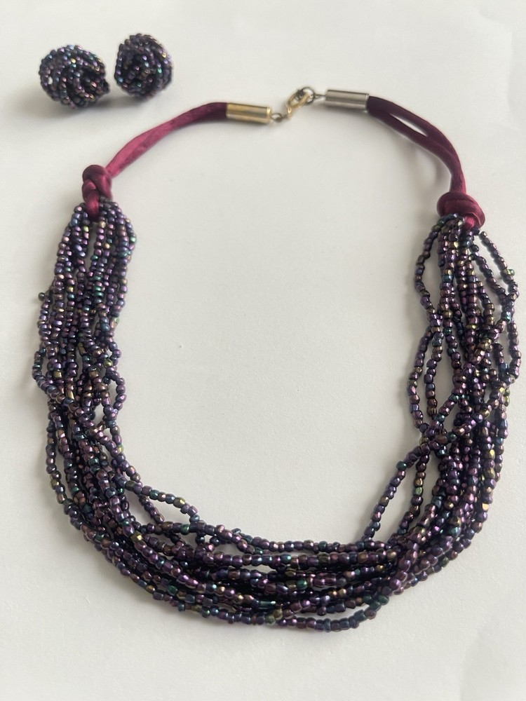 Vintage Multi-Strand Purple Peacock Seed Bead Choker Necklace Matching Earrings