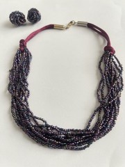 Vintage Multi-Strand Purple Peacock Seed Bead Choker Necklace Matching Earrings