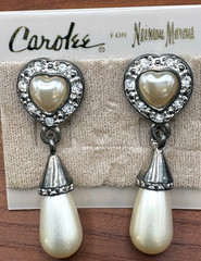 Vintage Carol Lee Clip Heart Dangle Faux Pearl & Rhinestone Earrings Pierced NEW