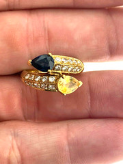 Yellow & Blue Pear Sapphires 1.80ct + Diamonds 0.60ct Cross-Over~18Kt Gold Ring
