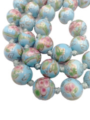 Vintage Hand Painted Faux Cloisonne Porcelain Bead Knotted Necklace Blue 25″