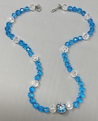 Glass Bead Necklace Blue Faceted Beads Flower Lampwork Center White Acrylic 21″