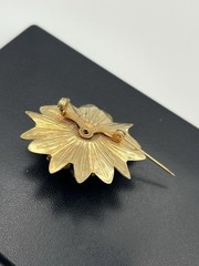 Gold tone blue rhinestone faux pearl flower brooch pin vintage