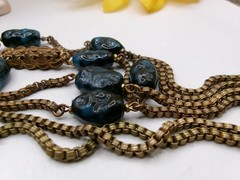 RARE SIGNED Miriam Haskell BLUE Glass BEADS Gold Tone Necklace~36 Inches Long