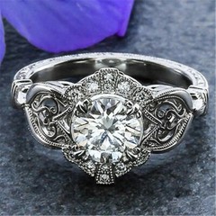 Vintage Art Deco Lab-Created Diamond Filigree Engagement 14k White Gold FN Ring