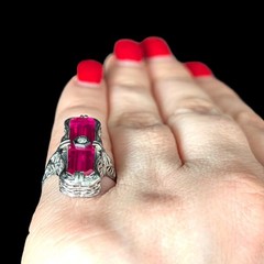 1920s Art Deco Diamond Lab Created Ruby 14 White Gold Cocktail Ring Antique