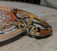 Vintage Heavy 63g Gold Brass Horsebit Clamper Bangle Leather Equestrian Cuff 60s