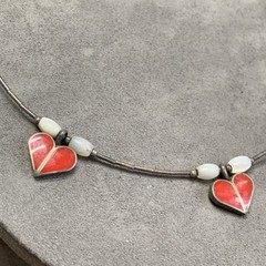 Vintage Triple Heart Choker Necklace Sterling Silver Hearts And Beads, Artisan.