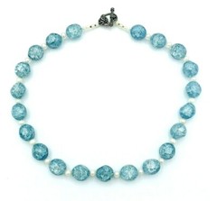 Vintage Blue Crackle Glass Cultured Pearl Bead Necklace 19″