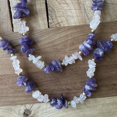 Vintage Hobe Rose Quartz Amethyst Nugget Necklace 28 Inch Gold Tone Bead Spacers