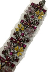BEN AMUN bracelet Enamel Flowers Rhinestones Lavender Fuchsia Yellow 8”
