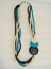 Vintage, Blue, off-white, black, handcrafted chunky beaded necklace.