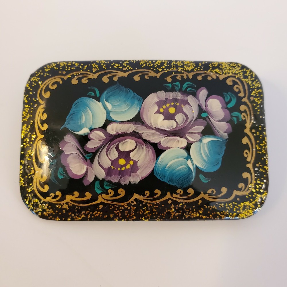 Vintage Russian Lacquer Brooch- Floral with Gold Accents-Signed by Artist-EUC