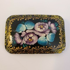 Vintage Russian Lacquer Brooch- Floral with Gold Accents-Signed by Artist-EUC