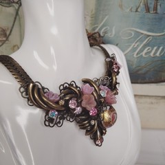 Vintage Steampunk Garden Party Glass Crystal Bronze Necklace Earrings