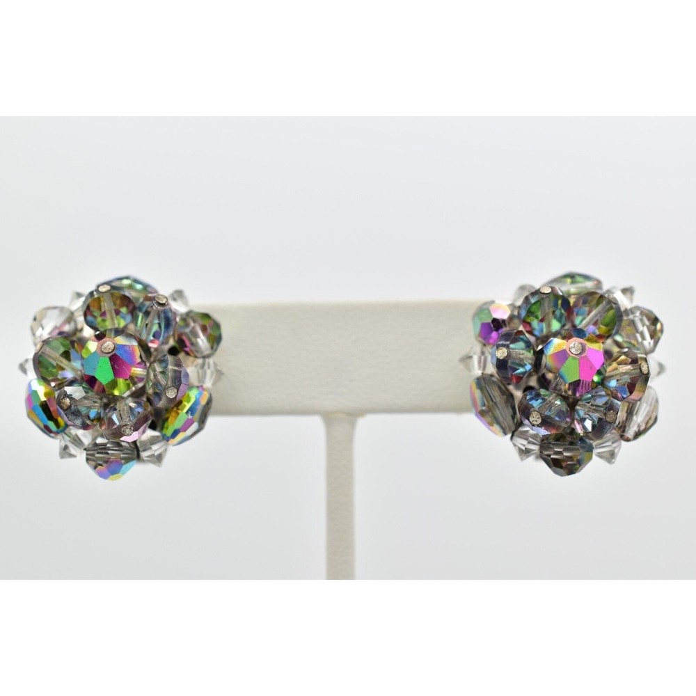 Laguna Vintage Clip On Crystal Earrings Gray Chrome AB Cluster Signed 1950s 9C