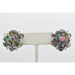 Laguna Vintage Clip On Crystal Earrings Gray Chrome AB Cluster Signed 1950s 9C