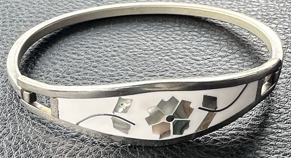 Vintage Silver Bracelet Alpaca Mexico White Floral Hinged Inlay Abalone