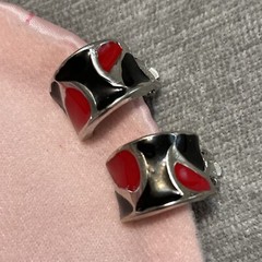 Vintage Estate Earrings Red Black Enamel Half Hoop Cuff Clip On Silver Tone 80s