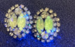 Vtg Uranium Glass Clip On Earrings Marquise Shape w/ 2 Main Stones Uranium