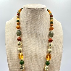 Vintage Earth Tone Mixed Stone Beaded Statement Necklace with Large Pendant