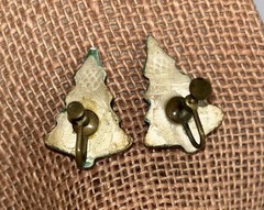 Rare Vintage Ceramic Christmas Tree Screw Back Earrings, Original Rhinestones