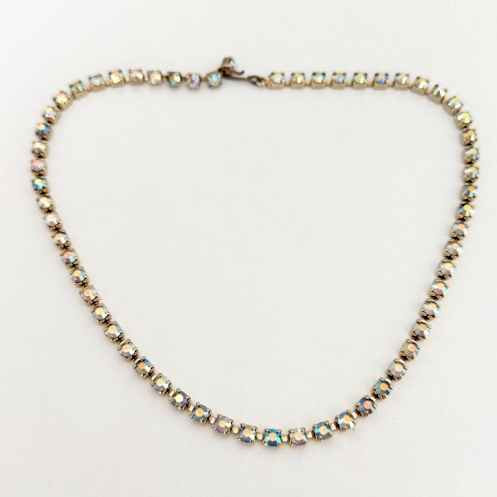 Vintage AB Rhinestone Choker Gold Tone Sparkly Glam Necklace 14.5″