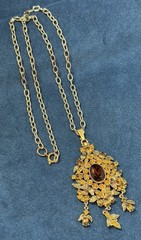Vintage 60s Hollycraft Ornate Rhinestone Necklace Pendant Yellow Brown Gold Tone