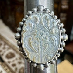 VTG Lori Bonn Statement Ring 6.75 Carved MOP Shell Floral 925 Sterling 9.5g