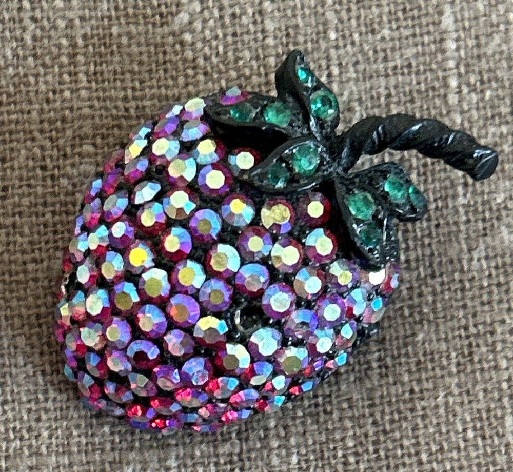 Vintage WEISS Strawberry Brooch Aurora Borealis Rhinestone Fruit Pin