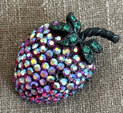 Vintage WEISS Strawberry Brooch Aurora Borealis Rhinestone Fruit Pin