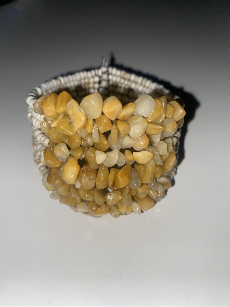 Vintage Tan Stone And White Beaded Layered Stretch Cuff Bracelet