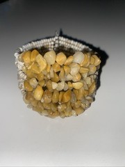 Vintage Tan Stone And White Beaded Layered Stretch Cuff Bracelet