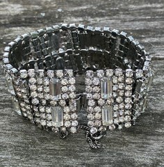 Vintage Hobe Rhinestone Wide Bracelet Silver Tone