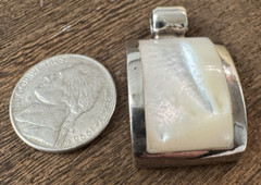Vintage Modernist Sterling Silver Inlaid Flush Set Mother of Pearl Gem Pendant