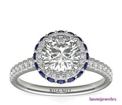 2.50Ct Round Cut Blue Sapphire Lab-Created Diamond Ring 14K White Gold Over